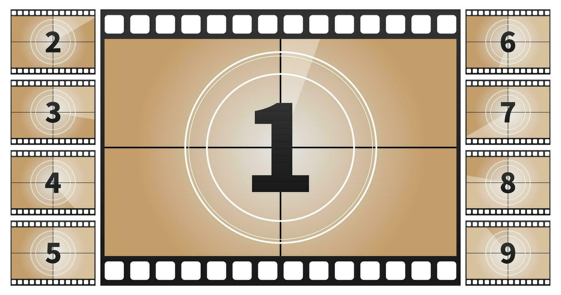 een klassiek film countdown kader Bij de nummers. vector illustratie.