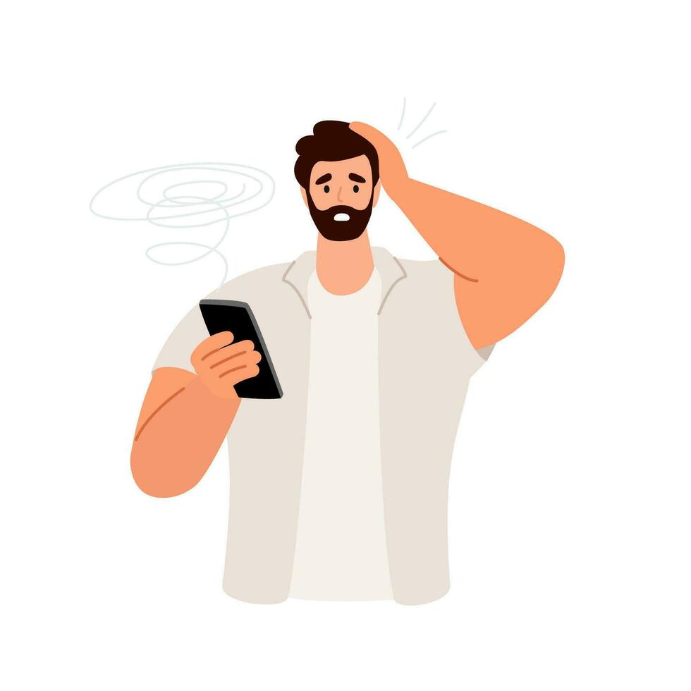 verdrietig angstig Mens met mobiel telefoons, lezing slecht nieuws, bericht in internetten. negatief emotie. vlak vector illustratie geïsoleerd Aan wit achtergrond.