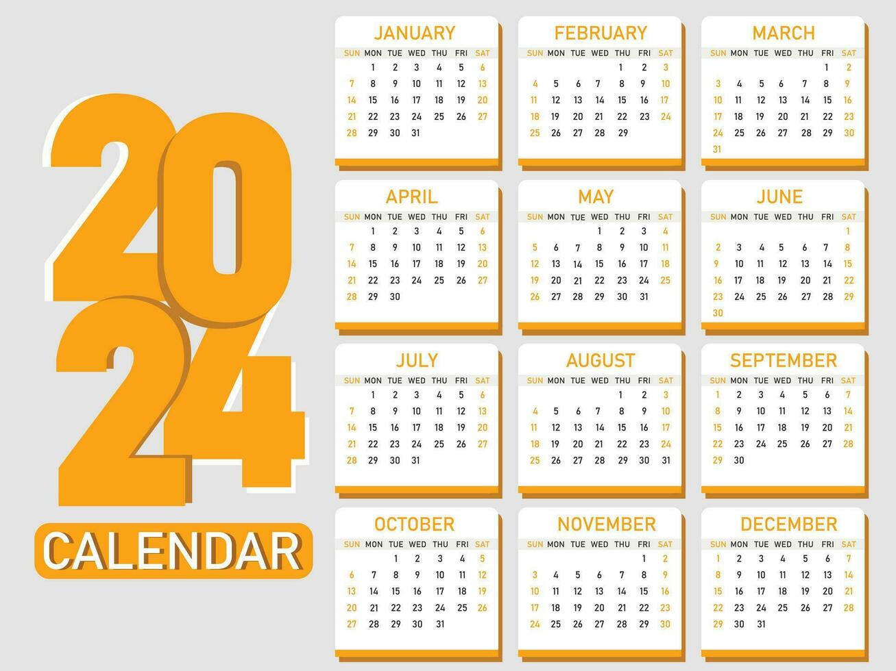 elegant en gemakkelijk geel 2024 muur kalender sjabloon een vol bladzijde ontwerp vector