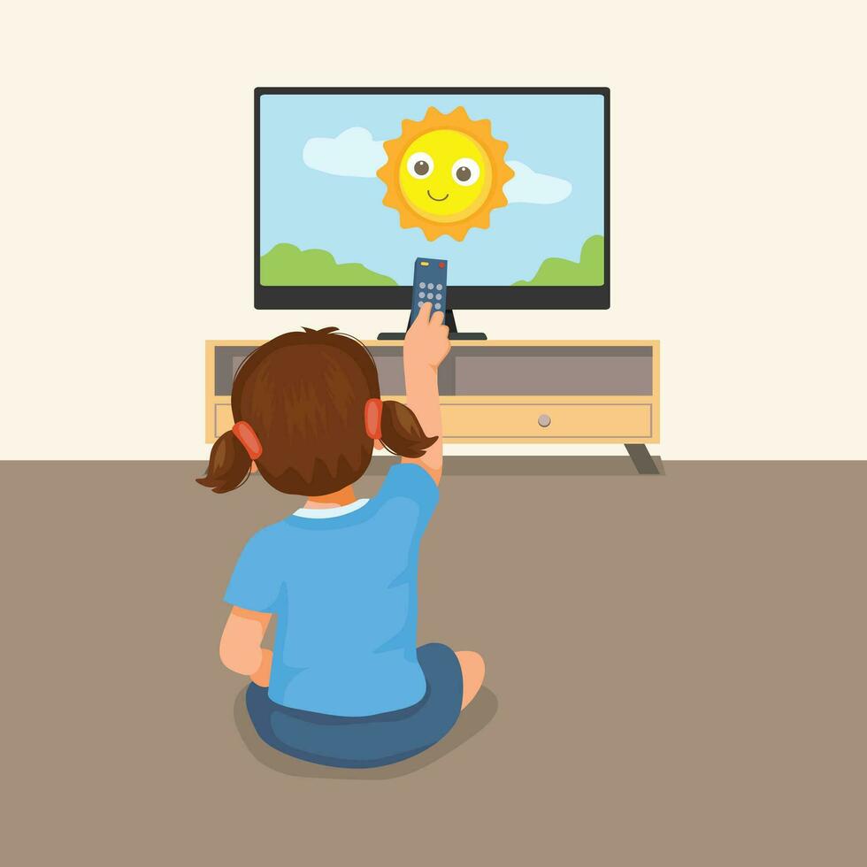 schattig weinig meisje aan het kijken TV Holding afgelegen controle zittend Aan de verdieping vector