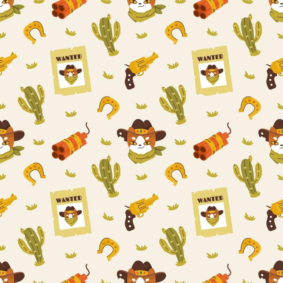 vector naadloos patroon met symbolen van de wild west schattig sheriff, cowboy, bandiet, kat. kinderen herhaling met western symbolen. zeer gedetailleerd baby structuur voor kleding stof en omhulsel papier