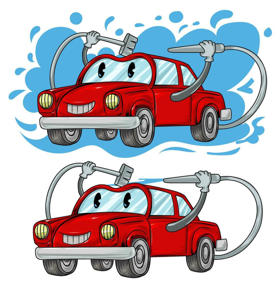 auto- tekenfilm karakter auto wassen. vector hand- getrokken illustratie geïsoleerd Aan wit achtergrond.