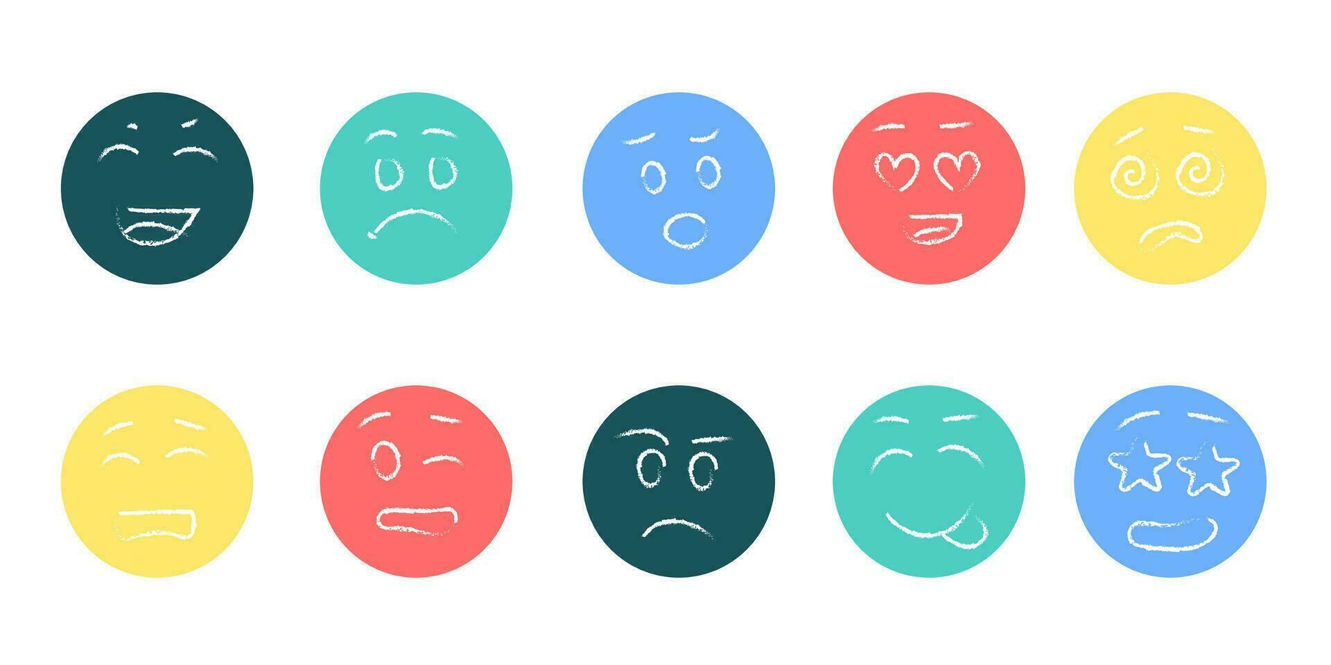 ronde abstract grappig gezichten met divers emoties. krijt tekening stijl, hand- getrokken modieus vector illustratie