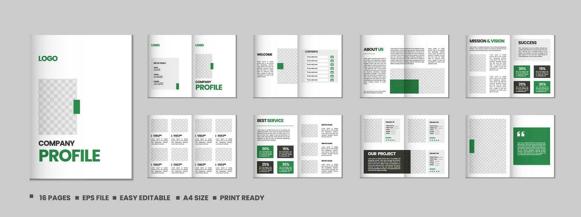 bedrijf profiel, meerdere pagina's folder brochure, 16 Pagina's portefeuille tijdschrift, jaar- rapport, catalogus en a4 meerdere pagina's sjabloon ontwerp vector