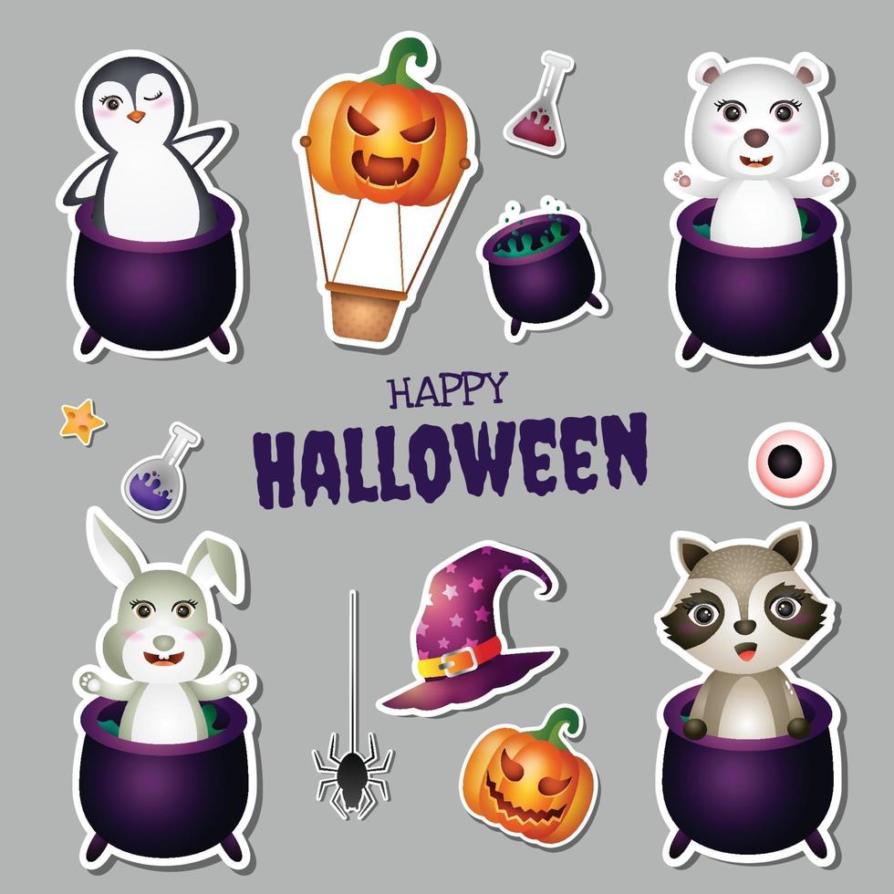 stickers halloween met schattige pinguïn, ijsbeer, konijn en wasbeer vector