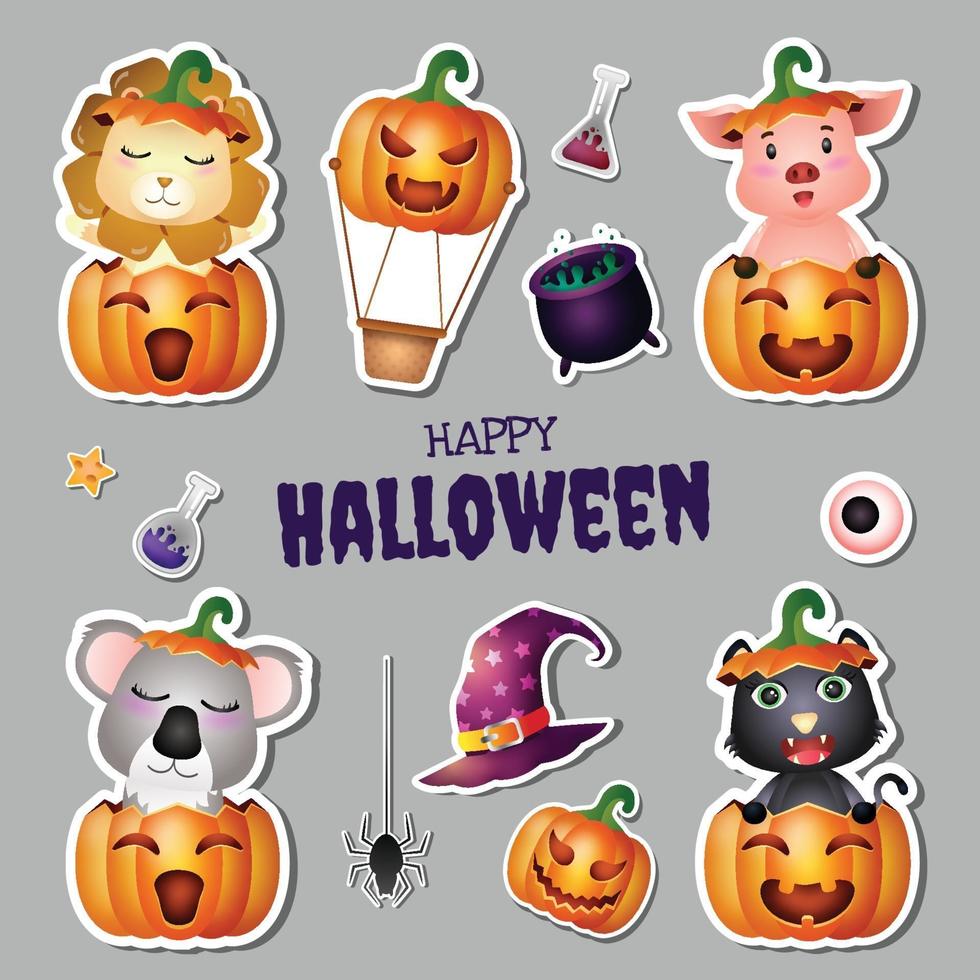 stickers halloween-collectie met schattige leeuw, varken, koala, zwarte kat vector