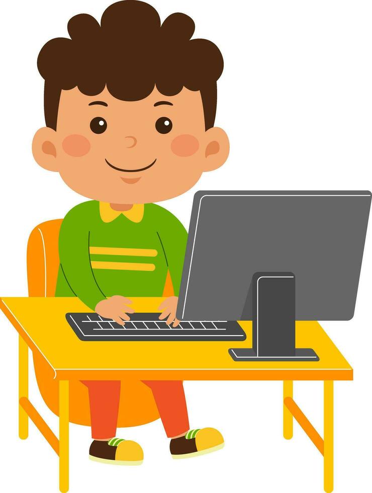 schattig weinig kind jongen gebruik computer vector
