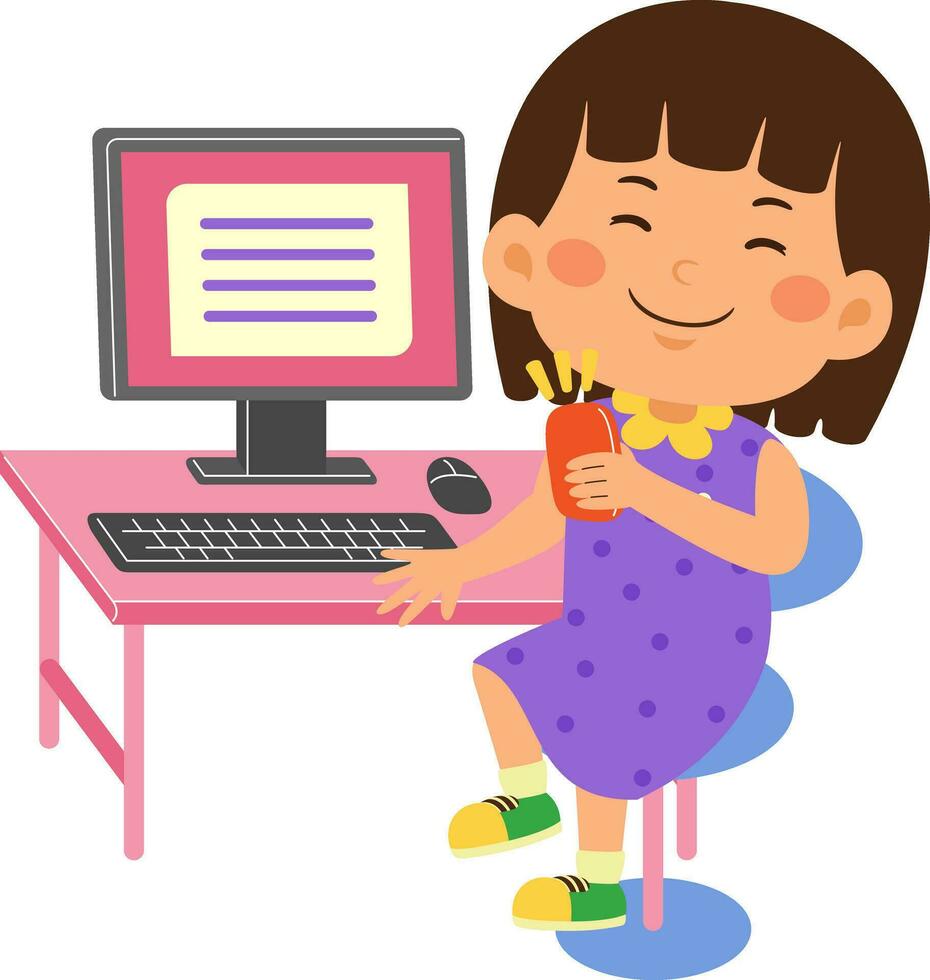 schattig weinig kind meisje gebruik computer vector