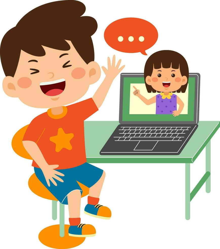 schattig weinig kind jongen gebruik laptop vector