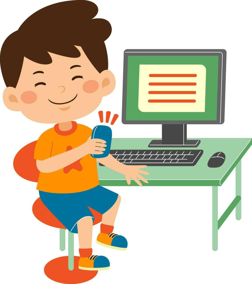 schattig weinig kind jongen gebruik computer vector