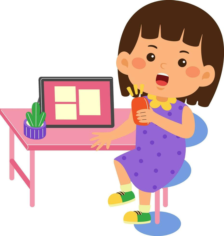 schattig weinig kind meisje gebruik grafisch tablet vector