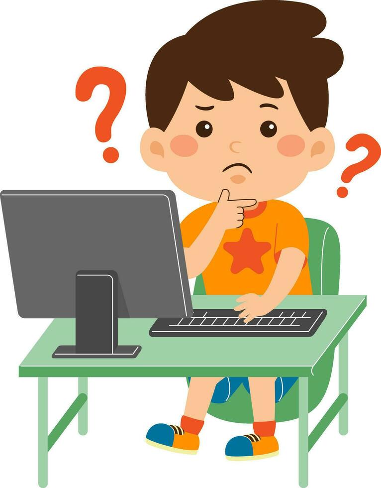 schattig weinig kind jongen gebruik computer vector