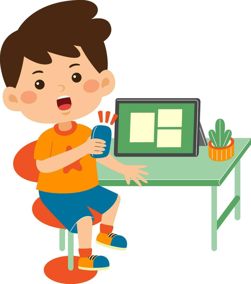 schattig weinig kind jongen gebruik grafisch tablet vector