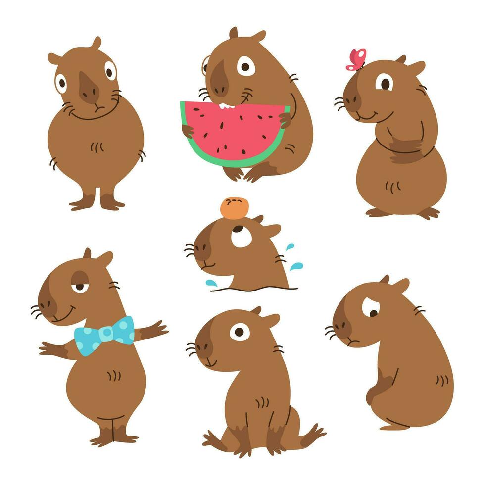 schattig capibara set. grappig capibara karakters. charmant schattig dier. baby vlak vector illustratie Aan wit achtergrond