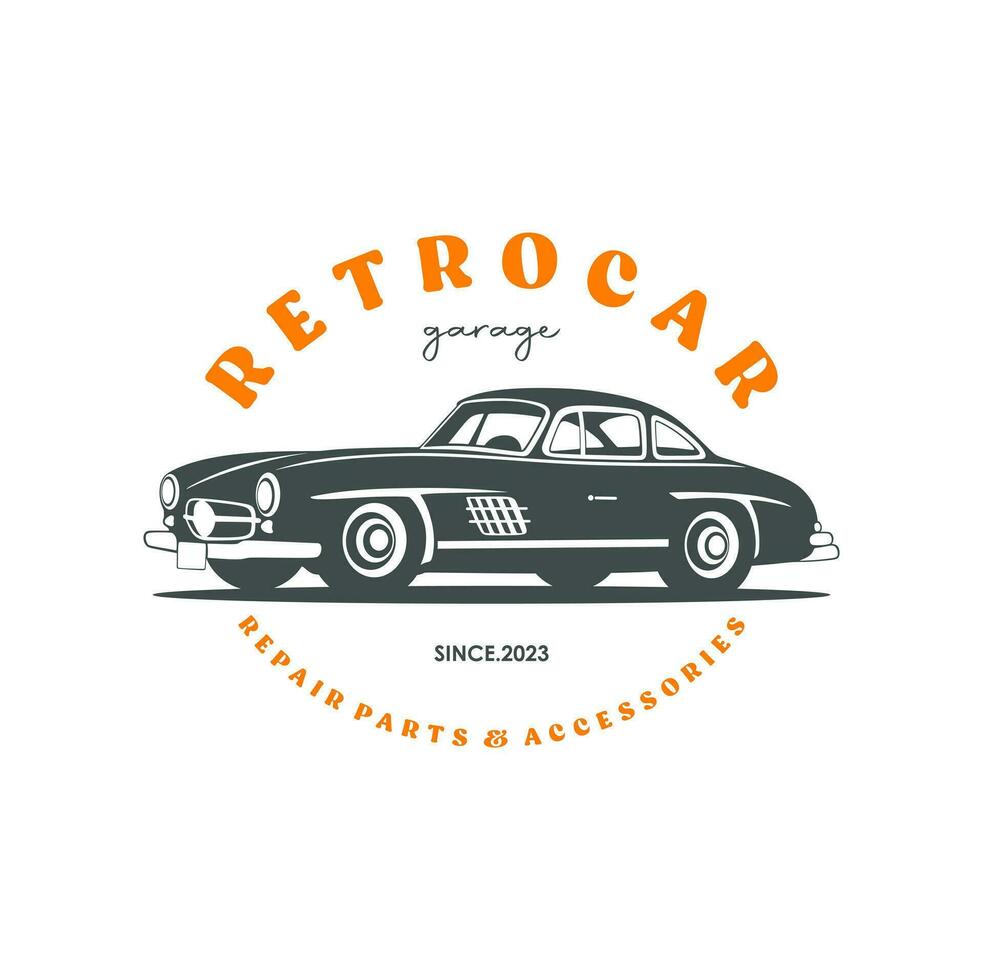 wijnoogst of retro of klassiek auto logo ontwerp vector illustratie. retro embleem van auto reparatie restauratie en club ontwerp element.