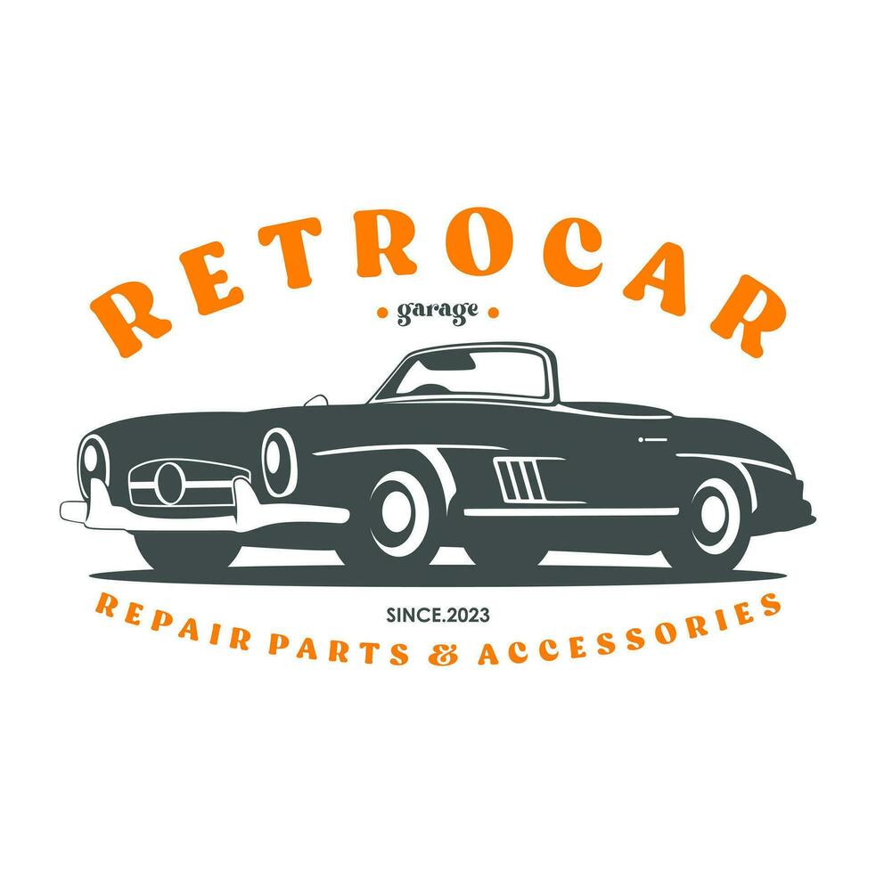 wijnoogst of retro of klassiek auto logo ontwerp vector illustratie. retro embleem van auto reparatie restauratie en club ontwerp element.