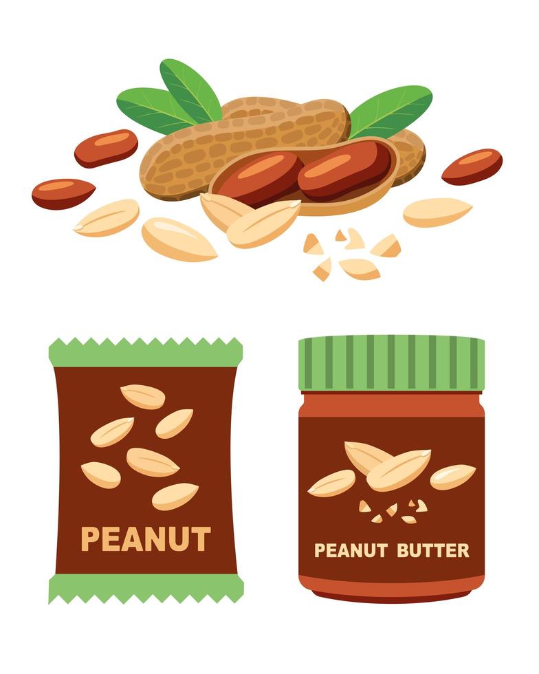 pinda's en producten, pasta en noten in verpakkingen vector