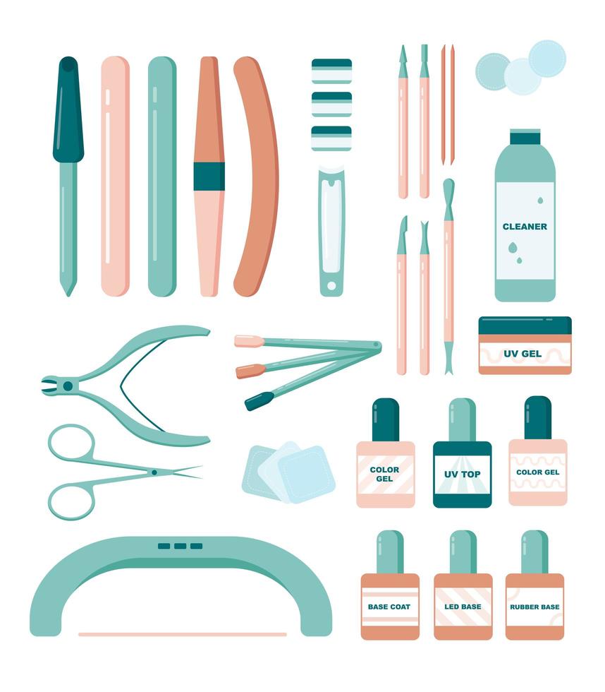 verschillende manicure-accessoires, apparatuur, gereedschap vector