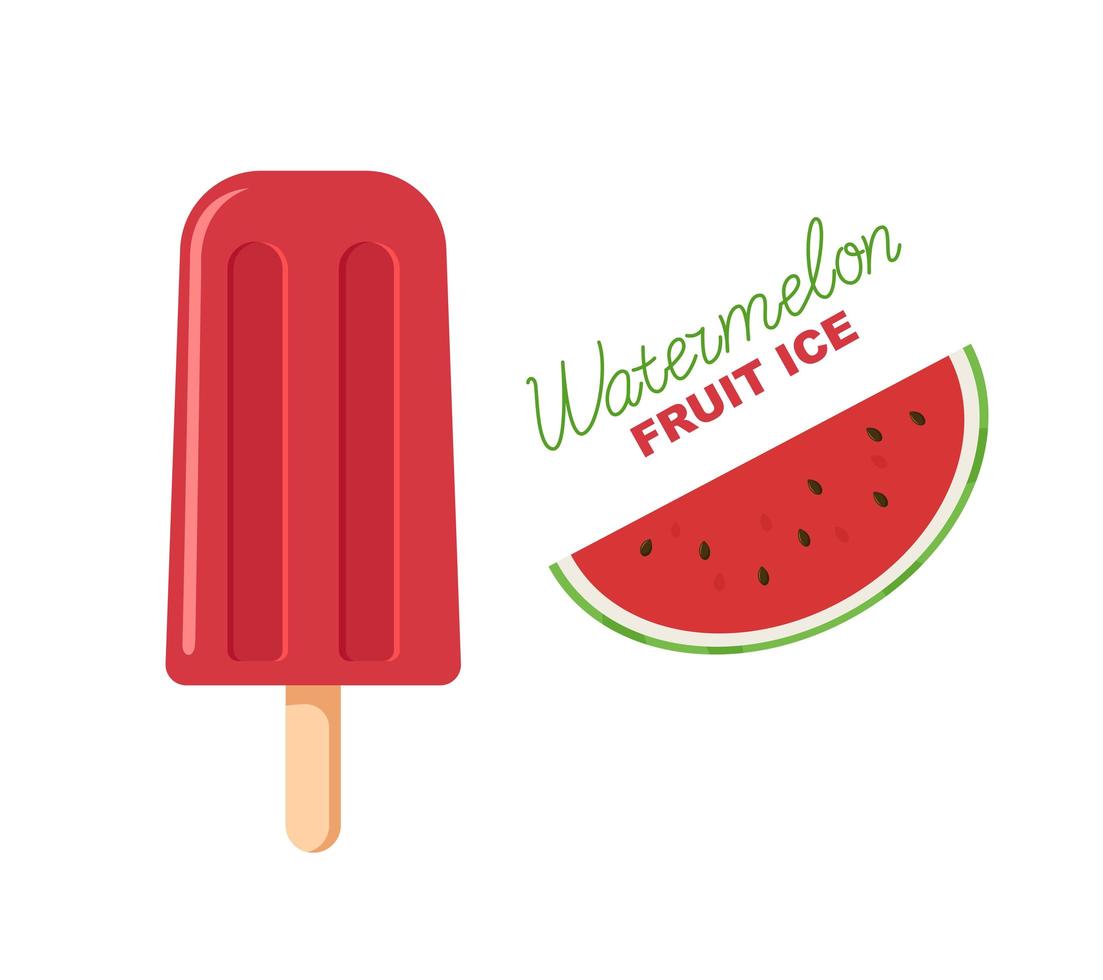 ijs van rood fruit. watermeloen ijslolly op een stokje. belettering en foto vector