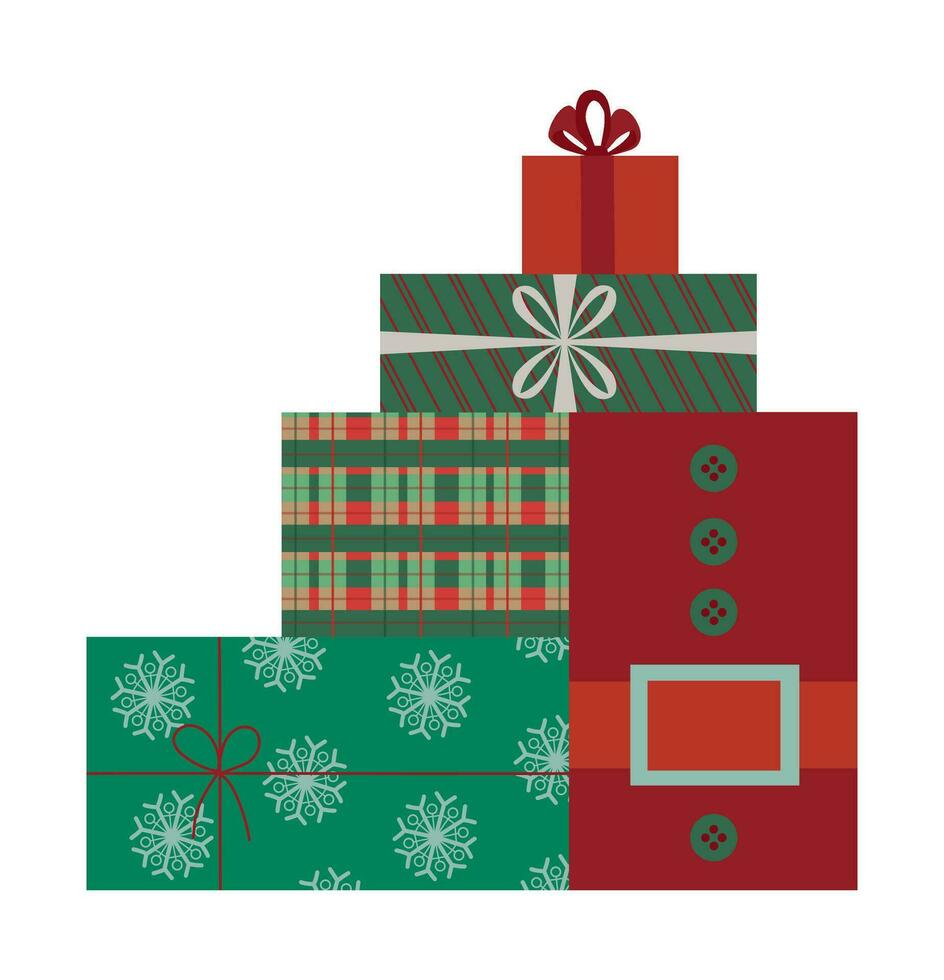 verpakt Kerstmis geschenk dozen. nieuw jaar Cadeau dozen met linten, bogen, groen en rood omhulsel papieren. voor groet kaarten, spandoeken, web illustraties, pictogrammen, of logo's. vector illustratie eps 10