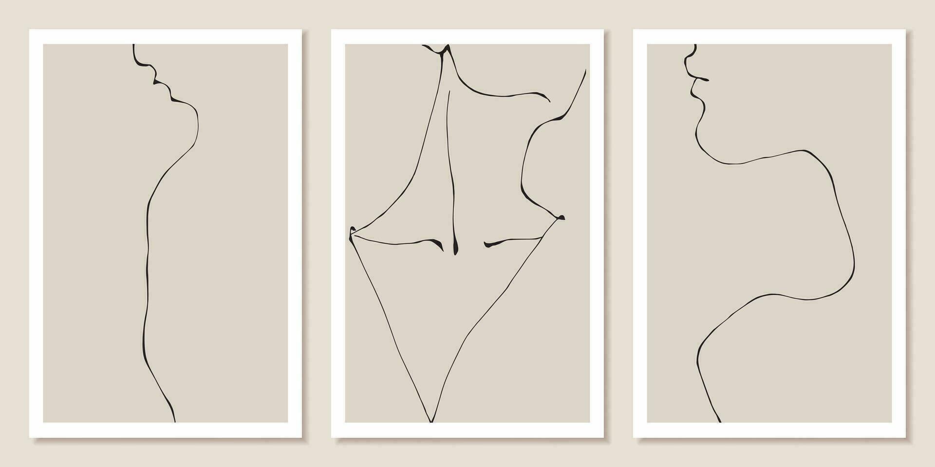 lijn kunst minimalistische vrouw nek en schouders silhouet reeks van 3 affiches. gemakkelijk vector illustraties van de vrouw lichaam in een modieus lineair stijl. lijn tekening Aan een beige achtergrond.