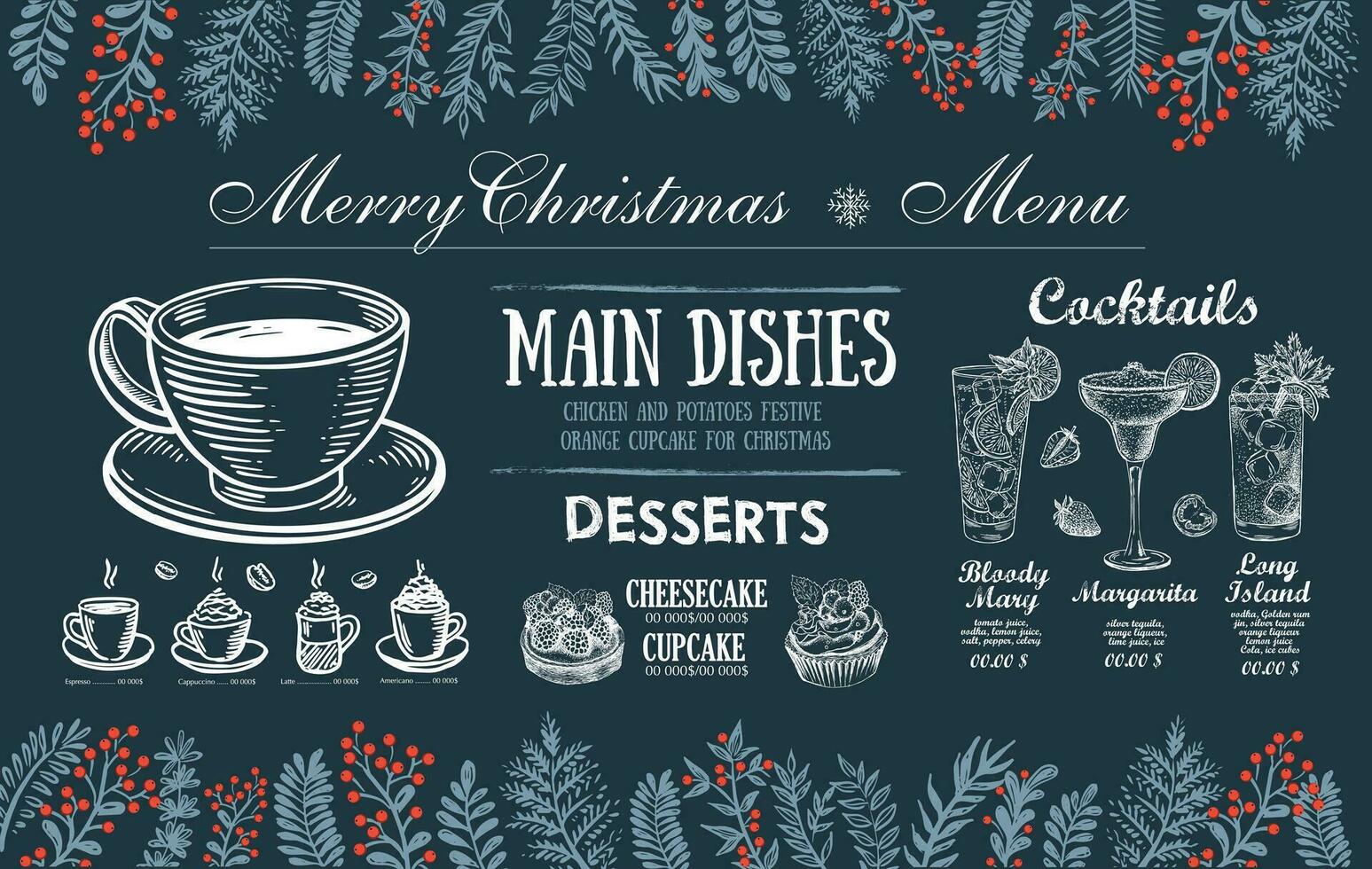 Kerstmis menu, voedsel folder, restaurant menu. sjabloon ontwerp. vector