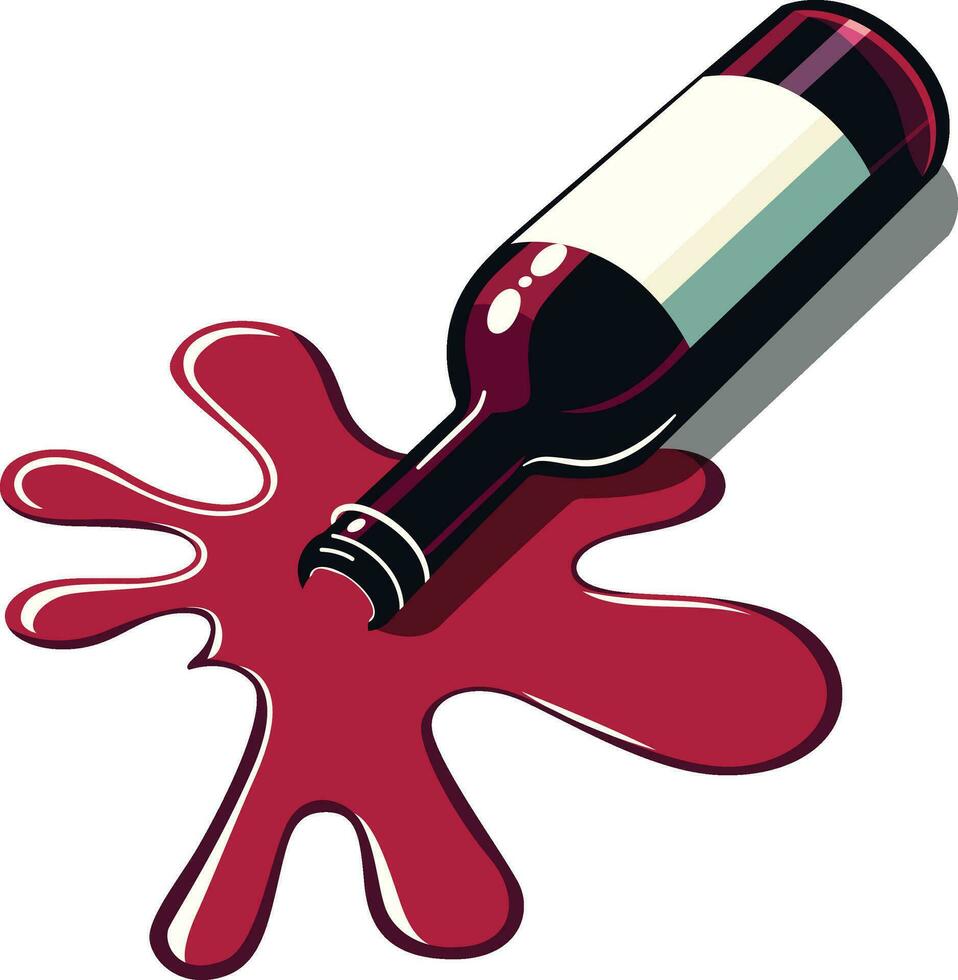 wijn fles met diep rood wijn poolen in de omgeving van, vector illustratie, gemorst fles van rood wijn Aan een oppervlak, geïsoleerd Aan wit achtergrond, voorraad vector beeld