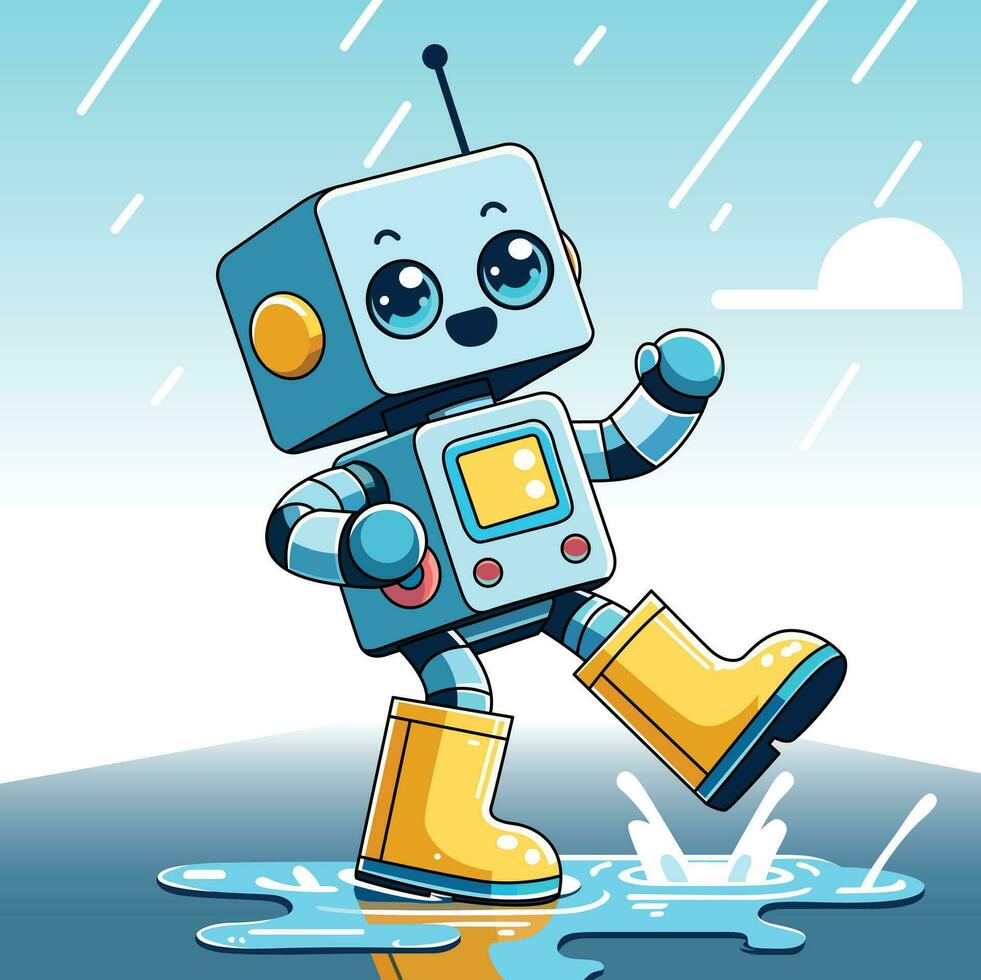 een schattig robot in overschoenen jumping in een plas Aan een nat, regenachtig dag vector stijl kunstwerk, fantasie schilderij van robot jumping in water voorraad vector beeld