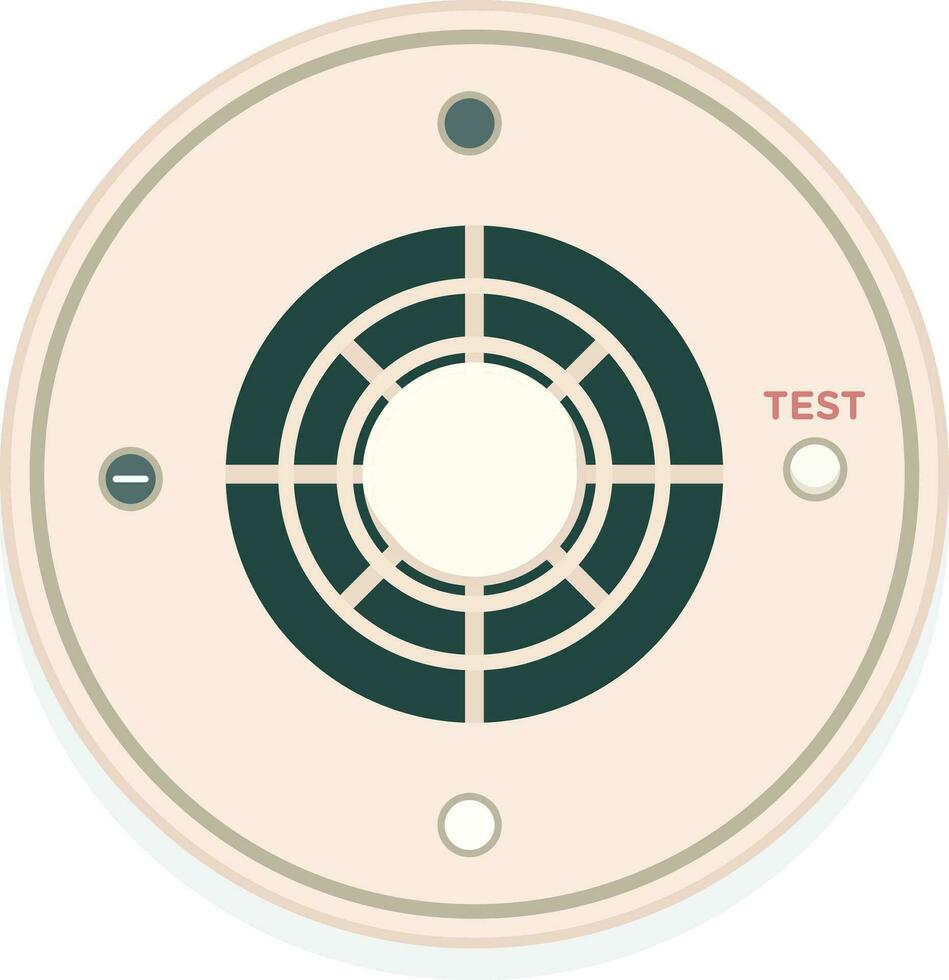 modern rook detector gemonteerd Aan een plafond, circulaire apparaat met een centraal LED indicator, vector illustratie, Gevaar signaal, noodgeval alarm, brand alarm, brand detector, warmte sensor, sirene, voorraad