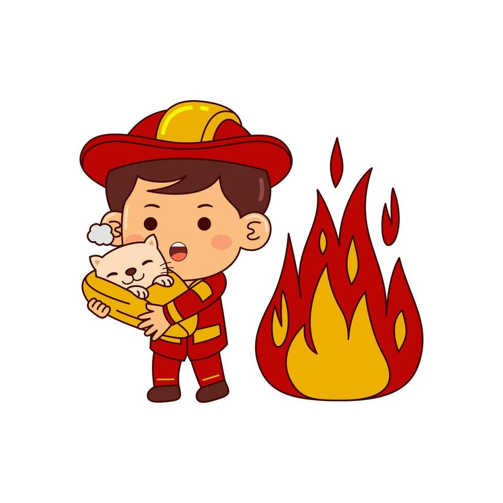 schattig brandweerman jongen tekenfilm karakter vector illustratie
