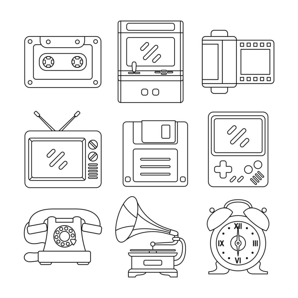 90s technologie voorwerpen vector illustraties reeks