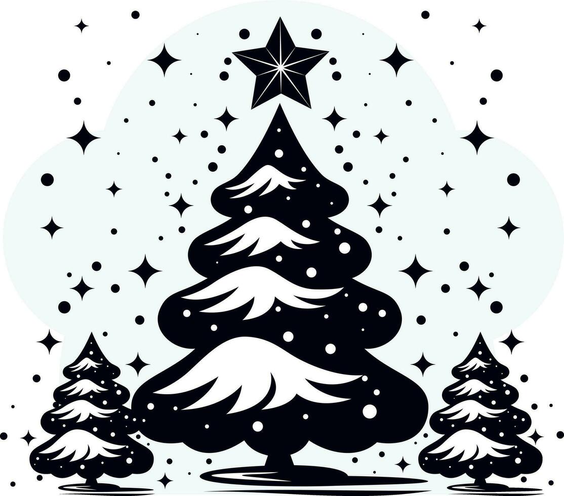 silhouet van Kerstmis boom met sterren en sneeuwvlokken. vector illustratie in zwart en wit.