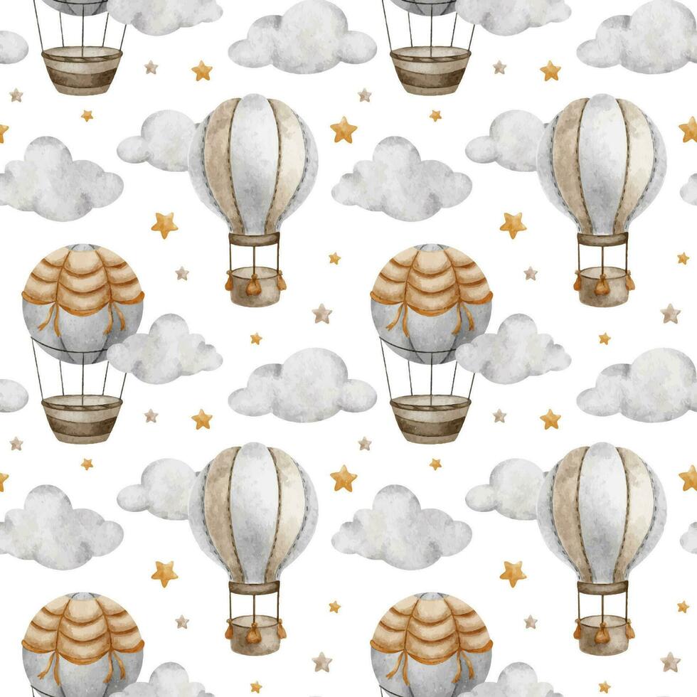 heet lucht ballon met mand, wolken en sterren. waterverf naadloos patroon. schattig baby achtergrond. voor kinderen goederen, kleren, textiel, ansichtkaarten, baby douche, behang en kinderen kamer vector