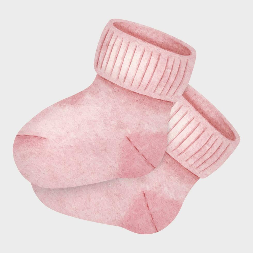 paar- van baby's sokken voor meisjes. schattig roze slofjes voor zuigeling meisje. pasgeboren kleren. waterverf illustratie. geïsoleerd uitnodigingen, baby douche, groet kaarten, afdrukken, affiches, stickers, verpakking vector