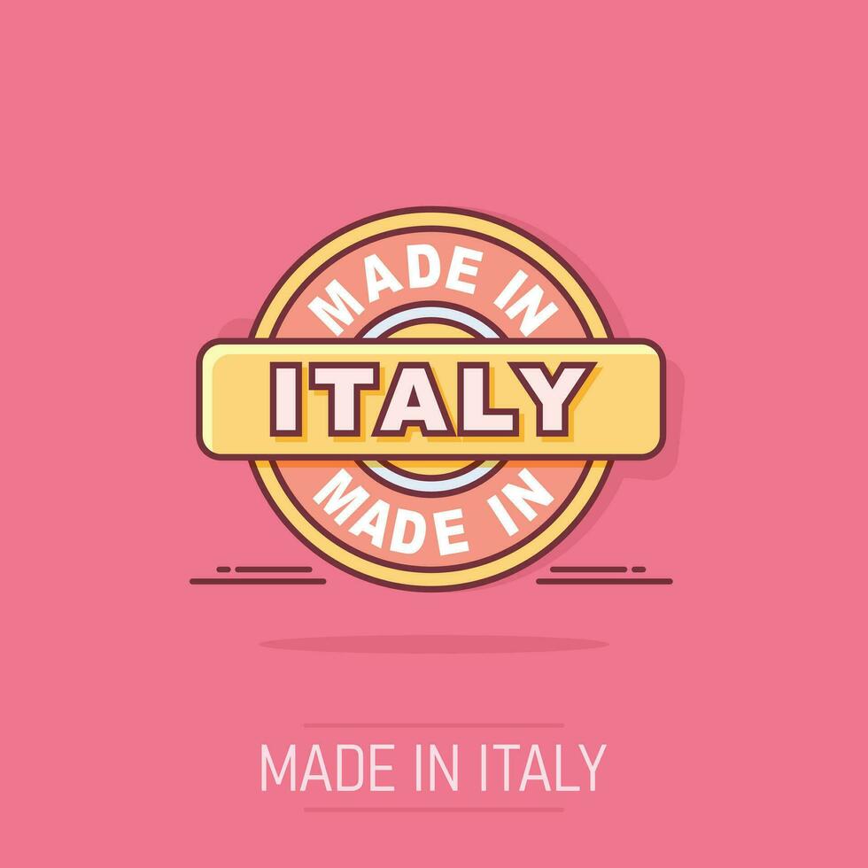 tekenfilm gemaakt in Italië icoon in grappig stijl. vervaardigd illustratie pictogram. produceren teken plons bedrijf concept. vector