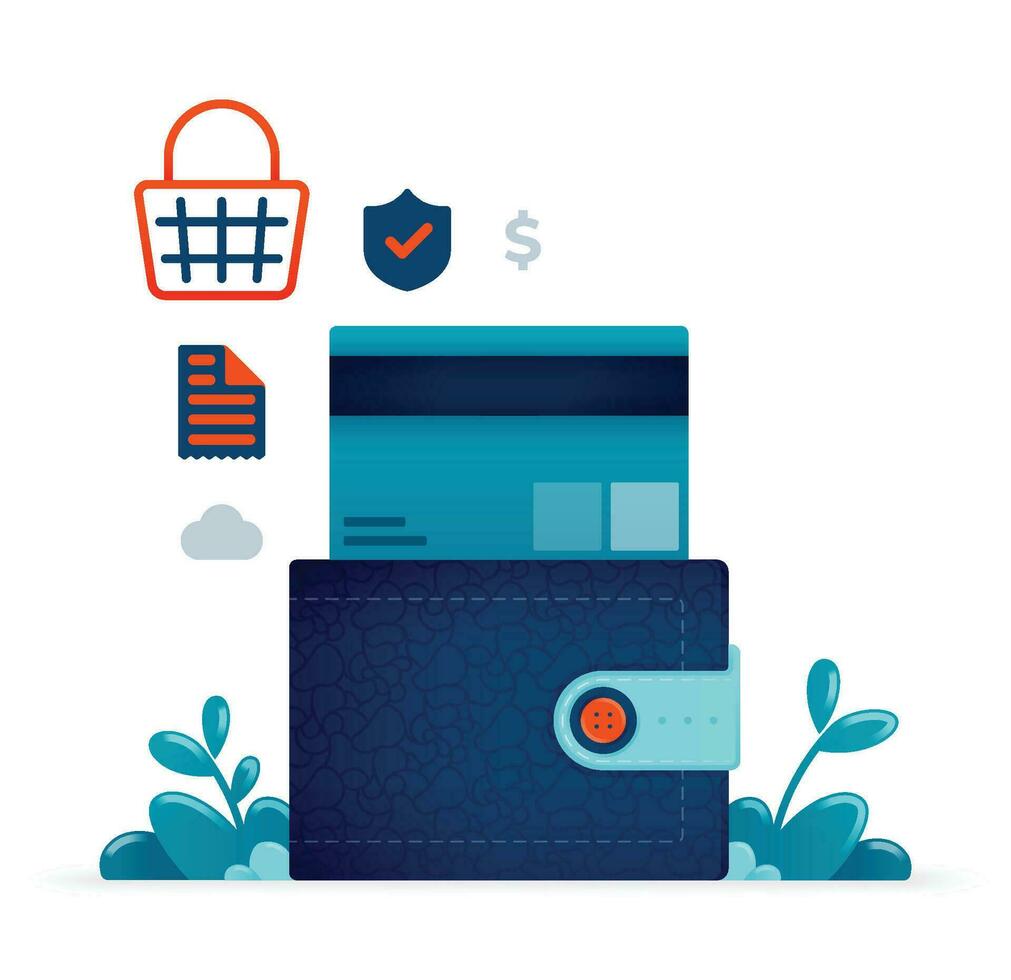 illustratie van een credit kaart uit van leer portemonnee naar betalen rekeningen van online winkelen. kan worden gebruikt voor poster, website, brochure, banier vector