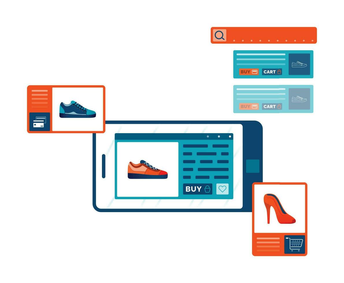 illustratie van online boodschappen doen apps naar kopen en zoeken voor schoenen, sportschoenen en hakken. ontwerp kan worden gebruikt voor landen bladzijde, website, brochure, folder vector