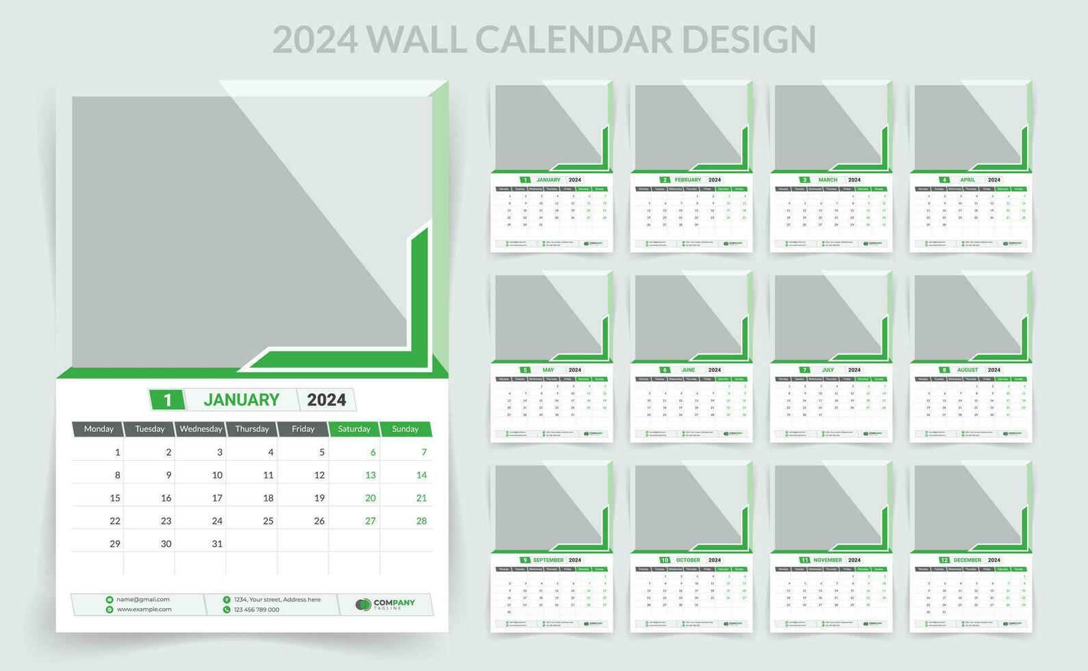 2024 bedrijf muur kalender sjabloon set. 12 bladzijde muur kalender. vector