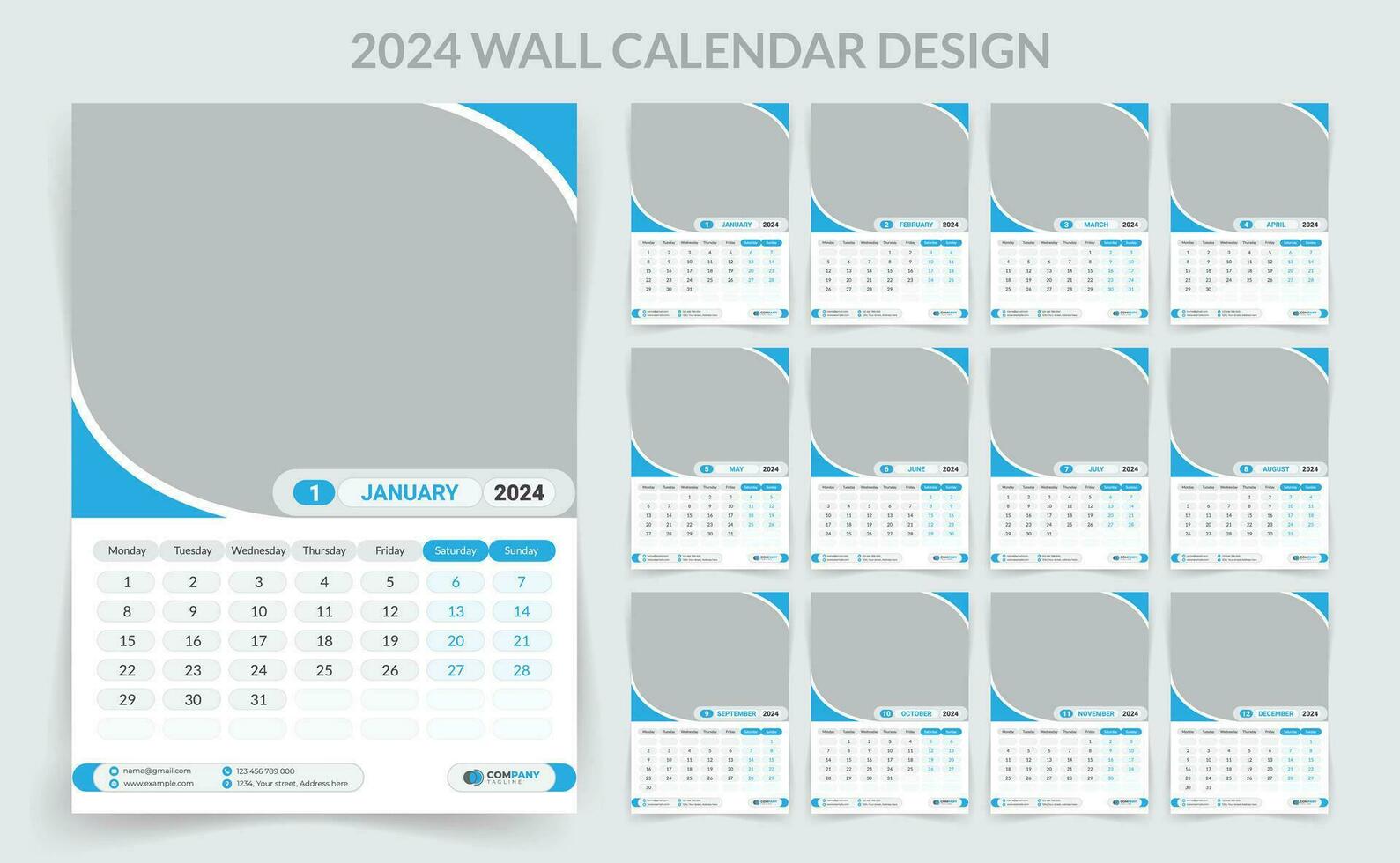 2024 bedrijf muur kalender sjabloon set. 12 bladzijde muur kalender. vector