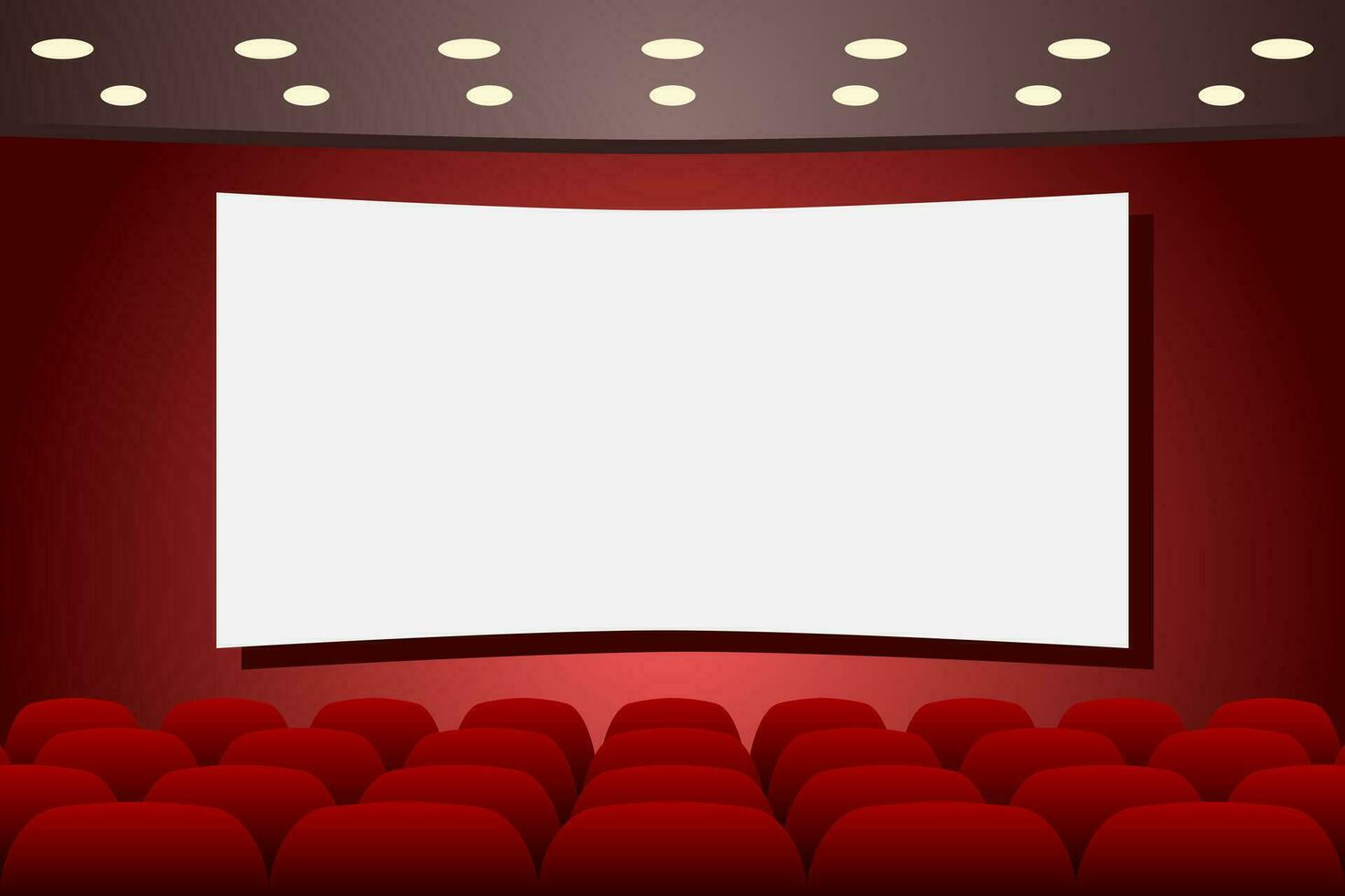 theater stadium met leeg stoelen rijen en blanco scherm. theater interieur. kopiëren ruimte. vector illustratie.
