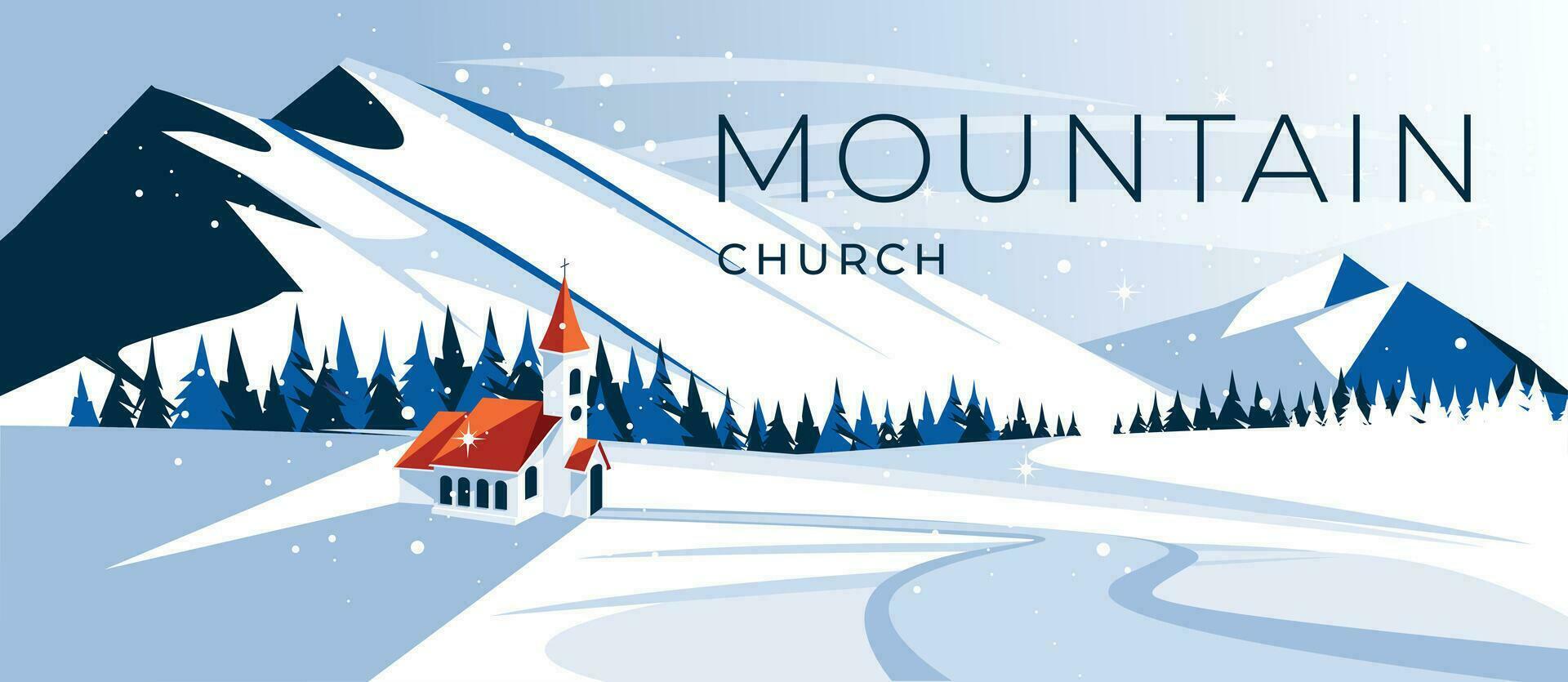 Katholiek traditioneel kerk in de midden- van een winter berg vallei. sneeuw weide. landschap van de verkoudheid Kerstmis seizoen. vector vlak illustratie