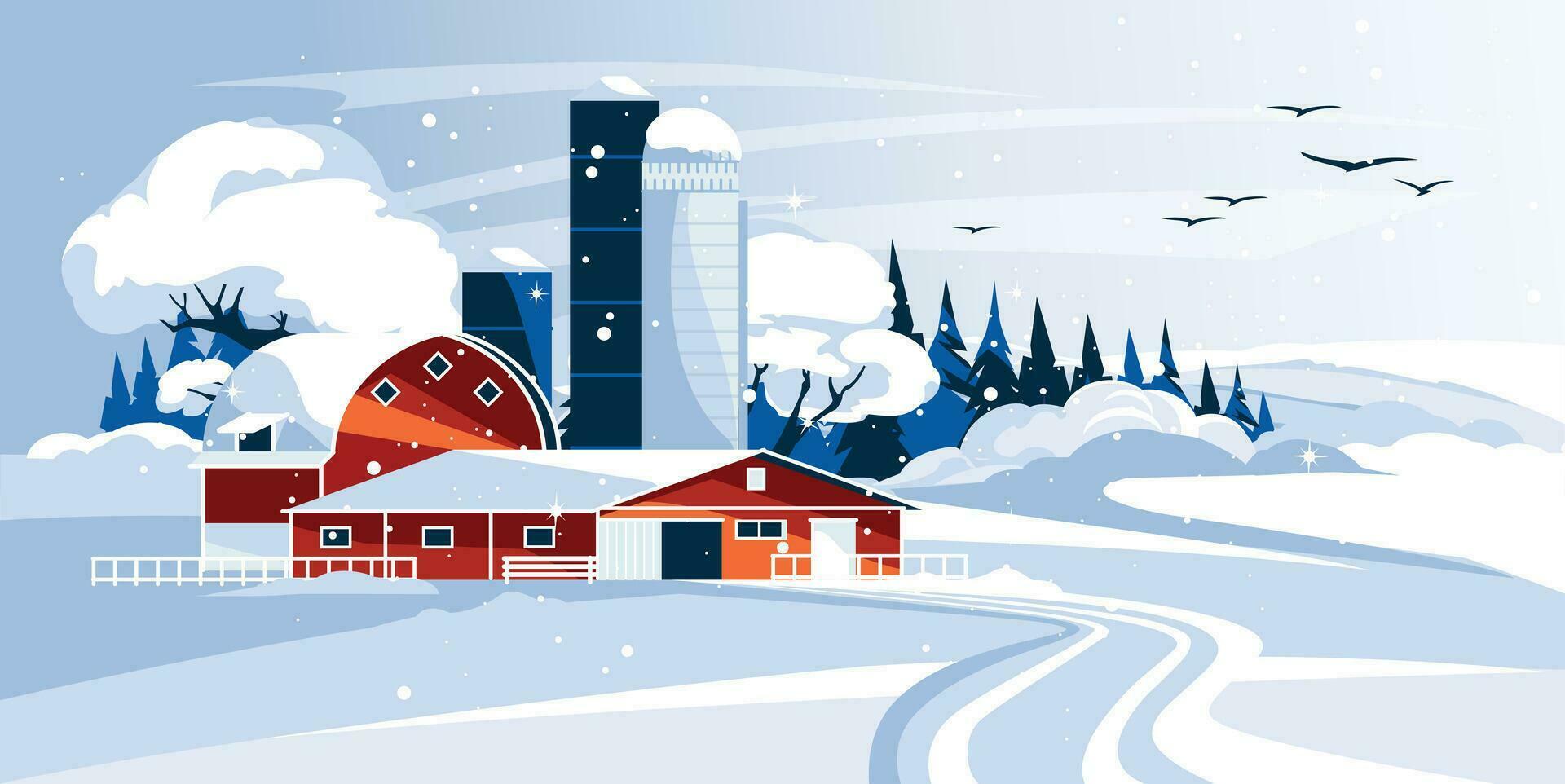 traditioneel rood boerderij met bijgebouwen, schuur in besneeuwd winter landschap. vlak vector illustratie