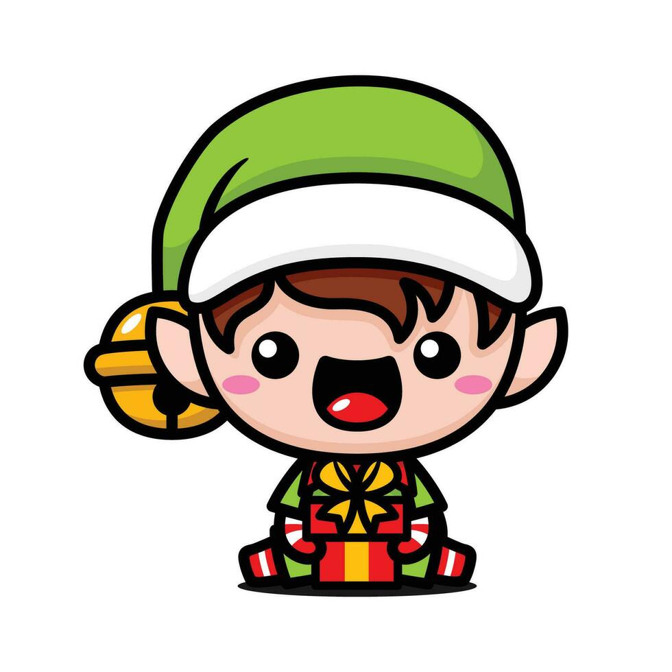 schattig en kawaii Kerstmis elf zittend met een geschenk doos vector