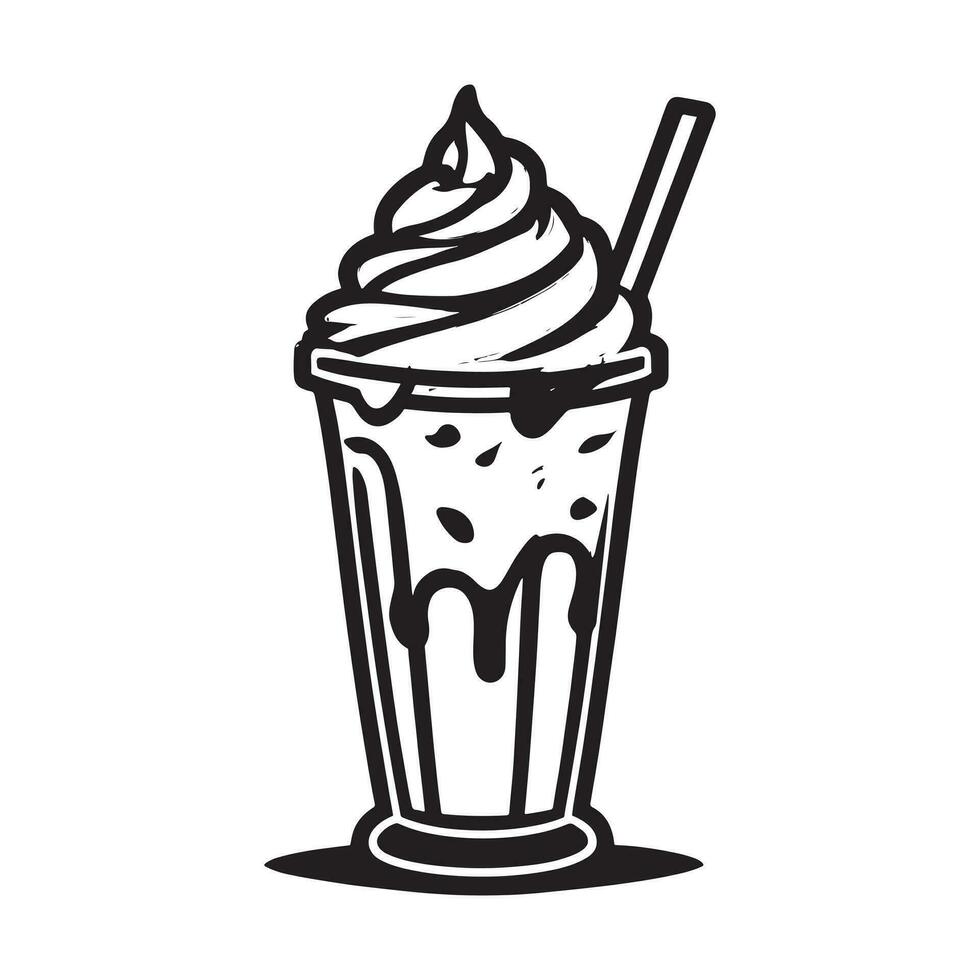 hand- getrokken illustratie van romig milkshake geserveerd Aan de glas met ijs room vector