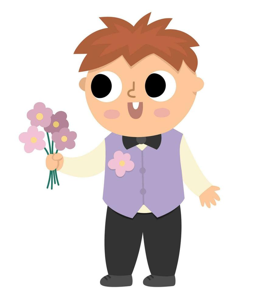 vector weinig bruidegom illustratie. schattig klein jongen in Purper hesje met bloem boeket. bruiloft ceremonie kind icoon. tekenfilm huwelijk gast. elegant baby. schattig heer in slim pak