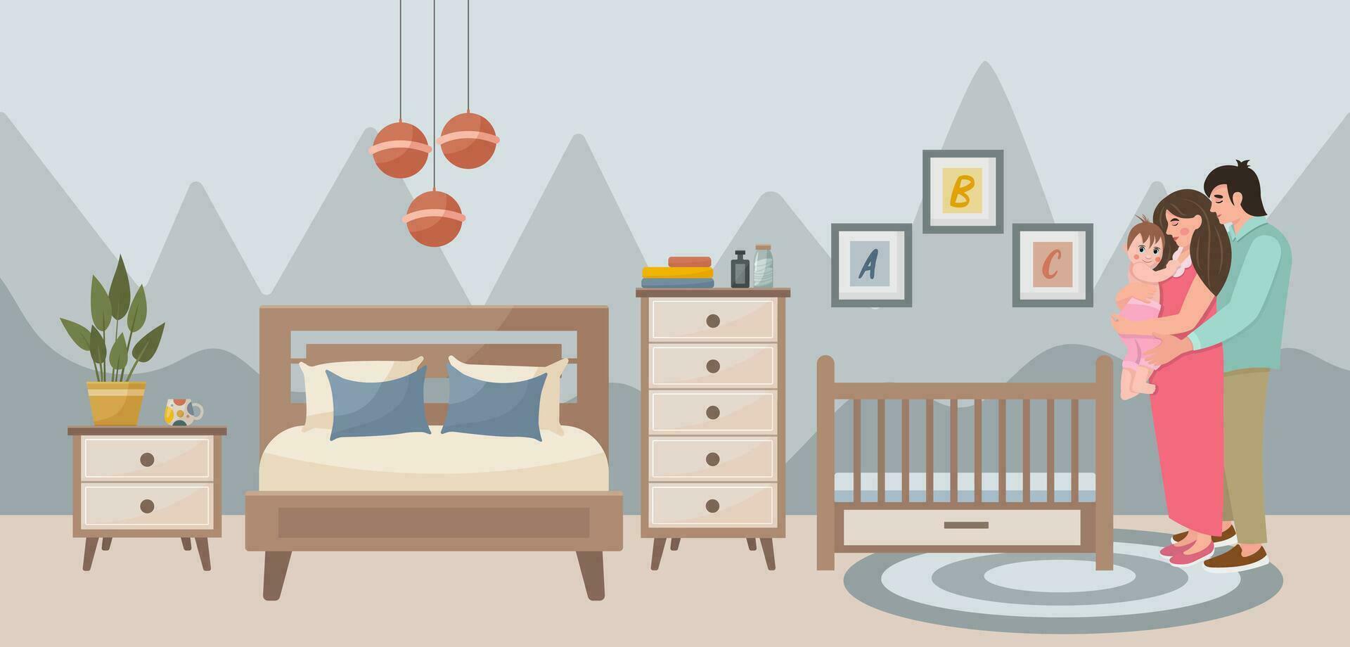 familie in de kinderen slaapkamer. paar in liefde. familie concept. knus slaapkamer met een kinderbed. slaapkamer interieur bed, tapijt, lamp, wieg, ingemaakt planten, schilderijen, nachtkastje tafel. vector