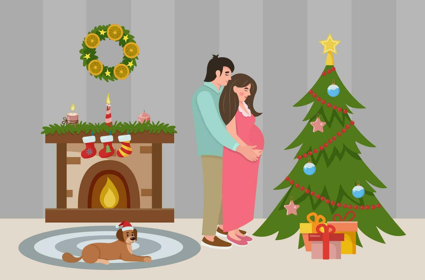 Kerstmis kamer interieur. de concept van een vakantie, Kerstmis en nieuw jaar. zwangerschap Bij kerstmis. Kerstmis boom en decoraties, paar in liefde. hond door de haard. vector illustratie in vlak.