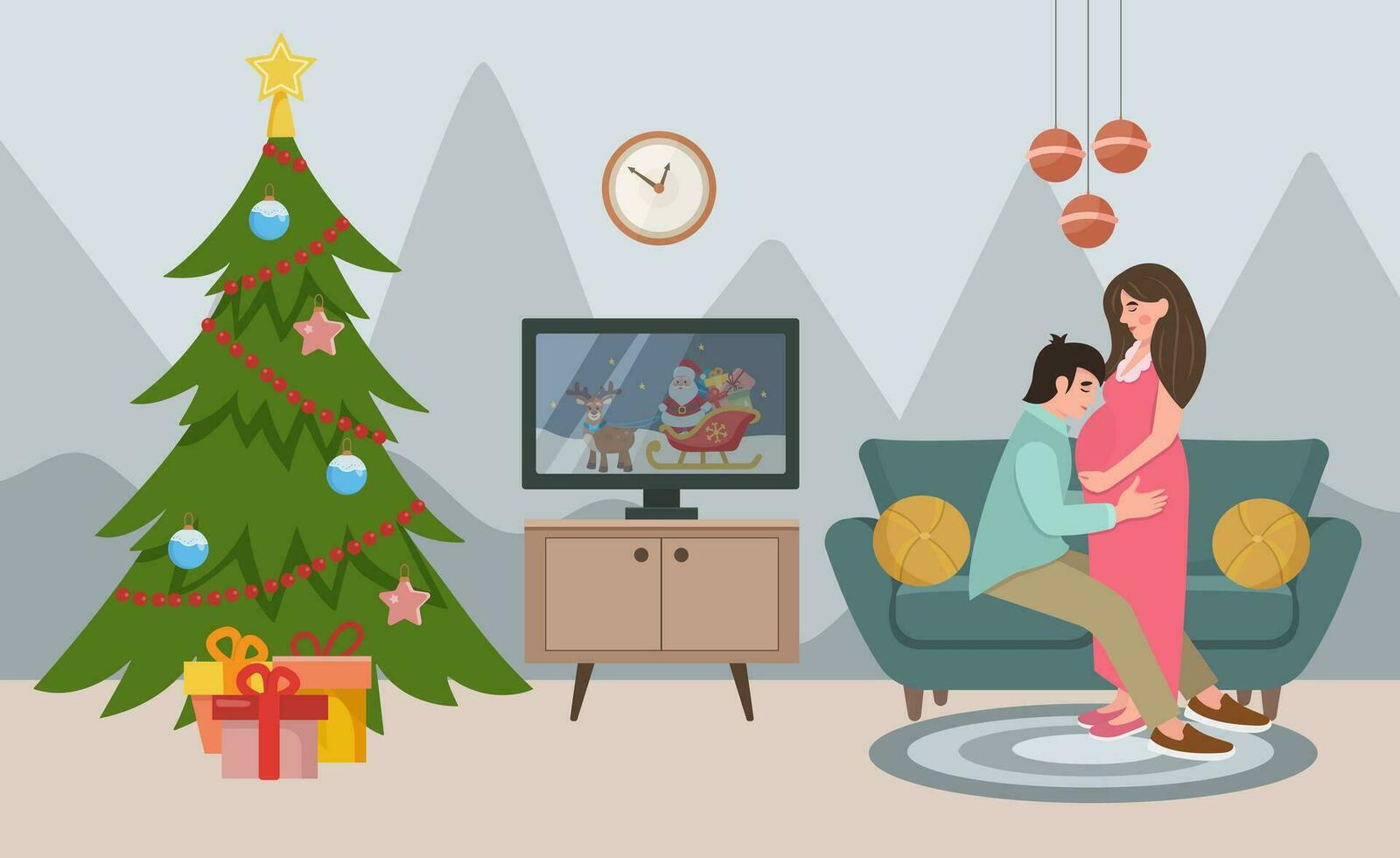 Kerstmis kamer interieur. concept van vakantie, Kerstmis en nieuw jaar. zwangerschap Bij kerstmis. Kerstmis boom en decoraties, paar in liefde Aan de bank. vector illustratie.