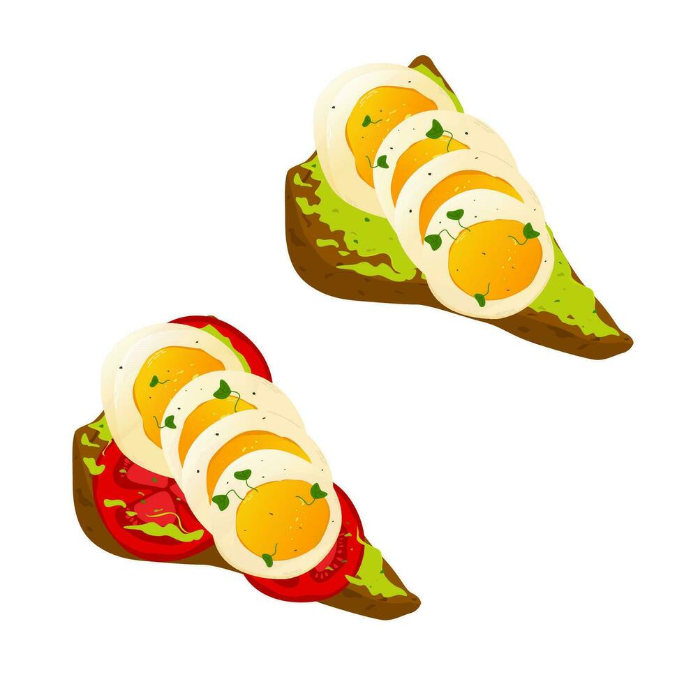 ontbijt geroosterd brood met avocado, kruiden en een gekookt ei. ontbijt geroosterd brood met avocado, kruiden, gekookt ei en tomaat. gezond ontbijt. vector illustratie.