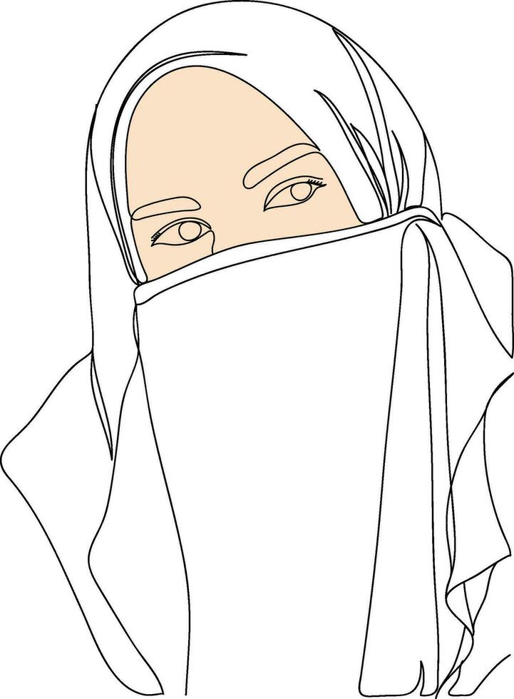 Niqab Dames portret in lijn kunst illustratie. hijab vrouwen lijn kunst. vrouw portret in hijaab. moslim dame draagt een hijab en Niqab in lijn kunst illustratie. vector